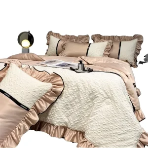 Luxury Summer Cooling Quilt Set Washed Ice Silk Embossed 4 Piece Silky Soft Bedding Princess Style Lightweight Duvet Cover