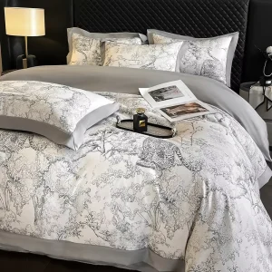 Luxury Summer Duvet Cover Set Quality Watercolor Artistic Landscape Leopard Soft Silk Like Bedding 2 Pillowcases Flat Fitted