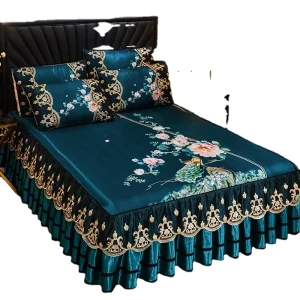 Luxury Teal Peacock Floral Cooling Bedspread with Lace Ruffle Bed Skirt 3 Piece Bedding Set with Pillow Shams Bed Sheet Set