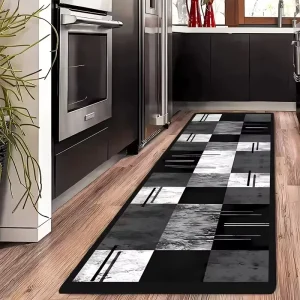 Luxury Tropical Black Gold Runner Rug, Soft Hallway Carpet, Palm Leaf & Geometric Pattern Long Floor Mat Entryway Decor