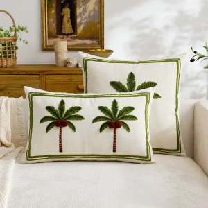Luxury Tufted Palm Tree Embroidered Cotton Linen Decorative Throw Pillow Cover for Sofa Couch Home Decor