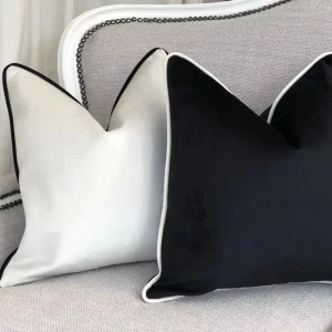 Luxury Velvet Square Throw Pillow with Contrast Piping in Black White for Home Hotel Living Room Decor