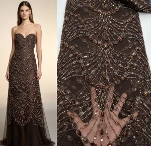 Luxury Vintage Brown Peacock Tail Fan Rhinestone Bead Embroidery Lace Fabric 100% Polyester Anti static Multi Shade Crystal Red