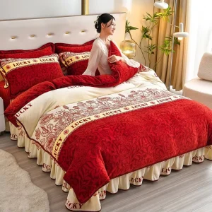 Luxury Vintage Red Floral Milk Velvet Bed Set Soft Skin Friendly Double Sided Golden Mink Fleece Bed Skirt Duvet Cover Kit