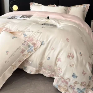 Luxury Washed Silk Embroidery 4-Piece Bedding Set Light Luxury Butterfly Embroidered Silky Duvet Cover & Bed Sheet Set