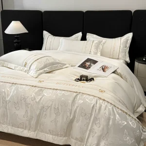 Luxury Water Washed Silk Embroidery 4Pcs Bedding Set Butterfly Shadow Design Spring Summer Soft Bed Linen