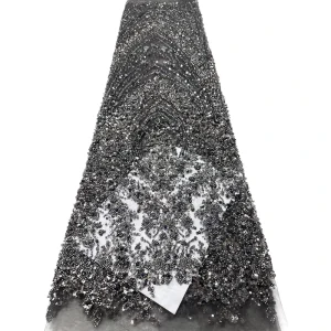 Luxury Woven Organic Eco Friendly 3D Flower Beaded Sequins Tulle Lace Fabric for Bridal Gowns