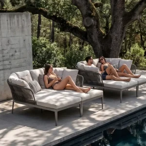 Luxury Woven Rope Double Daybed Aluminum Outdoor Sun Lounger Waterproof Poolside Furniture Custom