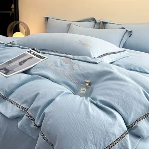 Luxury Woven Solid Embroidered Cotton Bedding Set High Density Twill Duvet Cover Bed Sheet Pillowcase for Home Bedroom