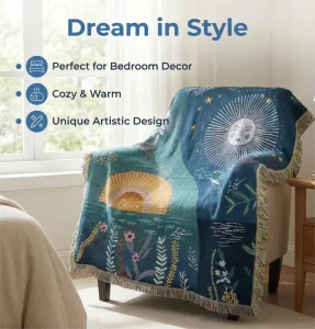 Luxury Woven Throw Blanket Green Celestial Sun Moon Stars Plant Marine Floral Design Sofa Bed Airplane Travel