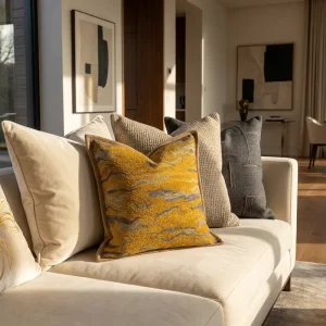 Luxury Yellow & Grey Jacquard Cushion Cover Abstract Wavy Patterned Pillow Case with Velvet Border for Modern Decor