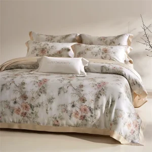 Lyocell Modern Floral Printed Air-Permeable Machine Washable Comforter Set Cooling Bed Sheets 4-Piece 300tc All-Season