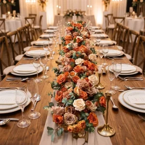 ML Customized Burnt Orange and Light Coffee with Green Leaves Artificial Silk Full Flower Runner for Wedding Decor