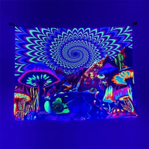 MU 3d Modern Psychedelic Fantasy Forest Mushroom Neon Tapestry Blacklight Wall Hanging Uv Blacklight Tapestry
