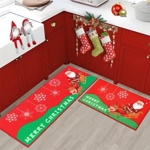Machine Washable Christmas Dector Santa Claus Kitchen Runner and Mats Sets Non Slip Longer Kitchen Floor Mat
