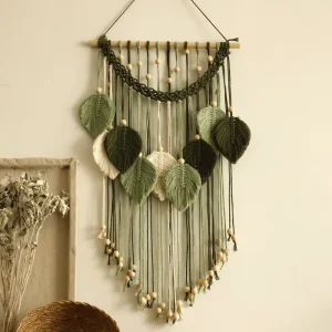 Macrame Wall Hanging Handmade Sage Green Leaf Wall Tapestry Boho Decorations for Bedroom Living Room Bathroom Earthy Room Decor