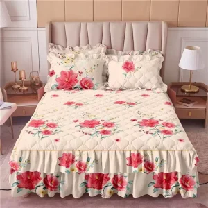 Made in China Floral Printed Microfiber 3 Piece King Size Bed Skirt Set with Curtain