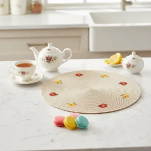 Made in China High-end Quality Non-slip Eco-Friendly Classic Style PP Round Placemat Colorful Flowers Edge 4pcs Set for Home Use