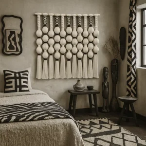 Made to Order Large Neutral Boho Black and White Fringe Ball Macrame Tapestry Wall Hanging