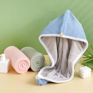 Magic Coral Fleece Hair Towel Fast Drying Towel Women Wrap Head Absorption Hair Drier Hat with Button