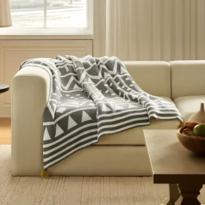 Magic Green Gray White Geometric Pattern Tapestry with Pom Pom Trim Bohemian Home Decor Customizable Blanket