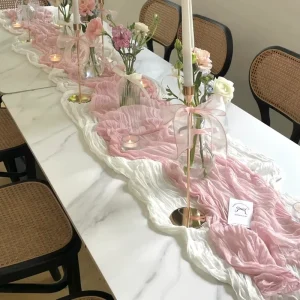Manju Voile Pink Table Runner Napkin Cloth for Birthday Parties Kindergarten Activities Wrinkled Dessert Table Use Decoration