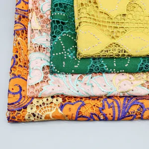 Manufacturer Eco Friendly Jacquard White & Orange Fabric with Eyelet Embroidery Custom Size for Dress Making