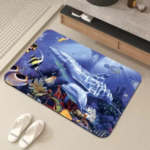 Manufacturer Supply Recyclable No Fading Durable Non Slip Print Cartoon Wave Design Eco Friendly Light Weight Bathroom Floor Mat