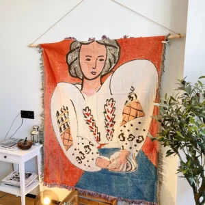 Matisse Guitar Girl Jacquard Camping Blanket Ethnic Style Woven Tapestry with Fringe