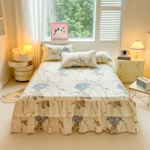 Mattress Protector Printed Bed Skirt Bedspread Yellow Polyester Bilateral Bed Skirt