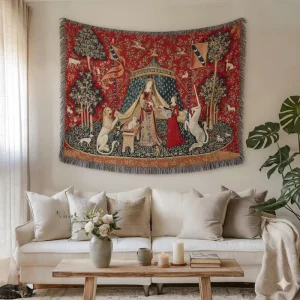 Medieval French Noble Lady and Unicorn Woven Tapestry Vintage Jacquard Wall Hanging