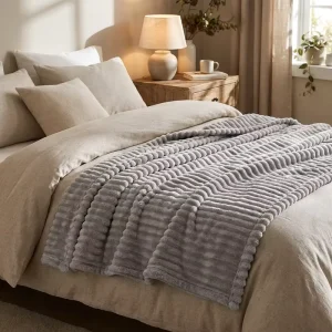Medium Grey Faux Rabbit Fur Blanket with Striped Embossed Texture for Sofa Bed Luxury Warm Plush Fleece Throw Blankets Washable
