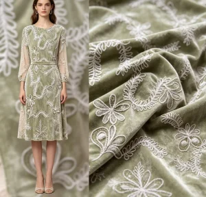 Medium Weight Polyester Velvet Base Fabric Decorated with 3D White Cord Embroidery Embellished with Tiny Shiny Beads Partially