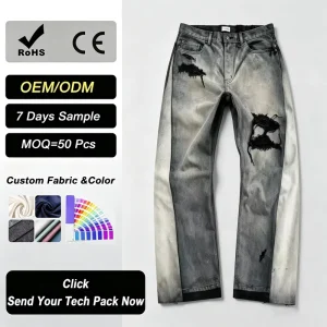 Men’s Custom Denim Jeans Breathable Washable Stonewashed Hip Hop Utility Solid Spring 3D Pattern High Waist Loose Fit Pants