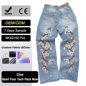 Men’s High Quality Custom Printed Embroidery Wide Leg Casual Denim Jeans Cotton High Waist Loose Fit