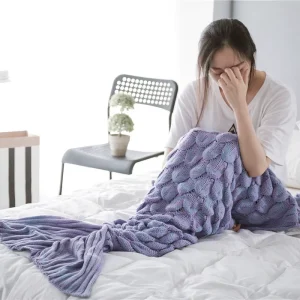 Mermaid Tail Acrylic Knit Blanket Solid Pattern Fish Tail Throw & Bed Cover 195x90cm Washable