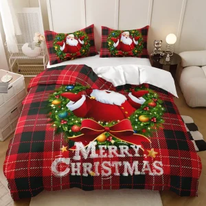 Merry Christmas Santa Duvet Cover Set Red Black Check Plaid Bedding Set 3D Print Bedroom Decor Bed Linen Set