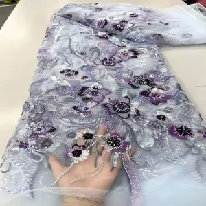 Mesh Purple Flower Lace Fabric Breathable Knitted Medium Weight Ethnic Home Textile Dai Dress Cheongsam Embroidered Fabric