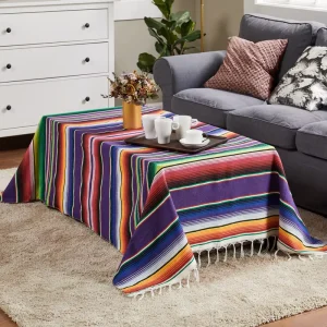 Mexican Cotton Woven Table Runner & Party Tablecloth with Tassels Striped Pattern American Style