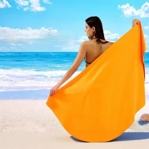 Micro Fiber Beach Towel Antibacterial Water absorbent Quick drying Custom made Double sided Velvet Plain Weave Solid Orange