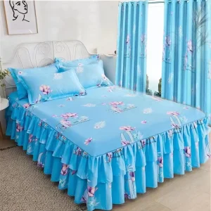 Microfiber Bedding Set with 5 Pieces Including King Size Curtain Floral Embroidered Pattern for Home Use