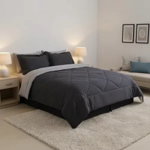 Microfiber Box Stitched Reversible Comforter Set Modern Black & Grey Bed Set with Pillow Shams