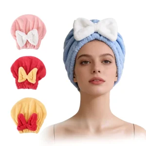 Microfiber Hair Drying Towels Head Wrap with Bow-Knot Shower Cap Hair Turban HairWrap Bath Cap for Curly Short or Long Wet Hair
