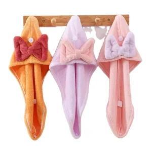 Microfiber Hair Drying Towels for Kids Super Absorbent Hair Towel Turban with Button Design Cute Bowknot Hair Turban
