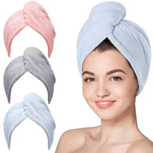 Microfiber Hair Towel Wrap Fast Drying Women Soft Lightweight Turban Curly Long Hair 3 Pack Blue Grey Pink