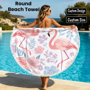Microfiber Round Beach Camping Picnic Blanket Flamingo Round Beach Towel With Fringe Tassels