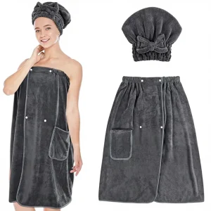 Microfiber Women’s Solid Dark Grey Hair & Bath Towel Wrap Adjustable Soft Super Absorbent Quick Drying 32×60 Inches