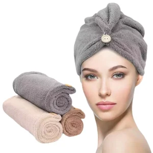 Microfiber Woven Hair Towel with Button Fast Drying Hair Wrap for Women Antimicrobial Hypoallergenic Eco Friendly Triangle Shape
