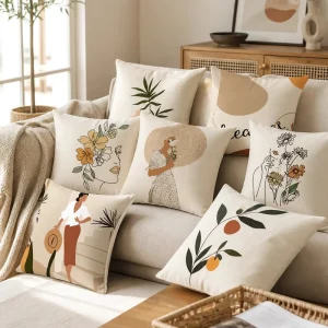 Mid Century Boho Throw Pillow Cover Soft Polyester Terracotta Sun Monstera Leaf Cushion Case Accent Shell for Couch