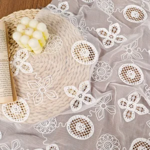 Milk Silk Laser Cut Four Petal Floral Chain Stitch Embroidery Tulle Fabric Laser Embroidery Fabric Sheer Mesh Lace